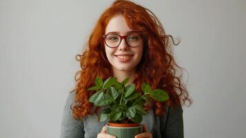 ai generado un hermosa joven niña en lentes con rojo Rizado pelo sostiene un maceta de ficus en su manos foto