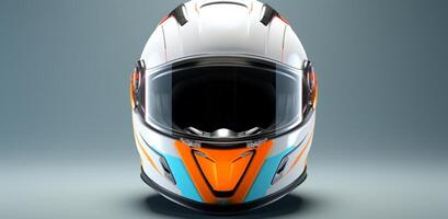 ai generado un carreras casco con un blanco, naranja, y ligero azul casco foto