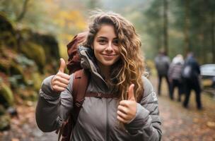 AI generated a young traveler on a trip giving thumbs up photo