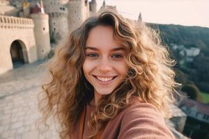 AI generated A beautiful young girl with curly blond hair takes a selfie against the backdrop of an ancient European castle photo