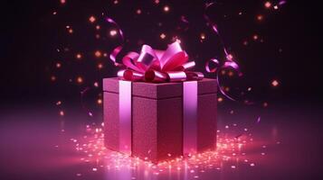 AI generated 3d Open dark pink box with bow. A bright light with confetti sparkles and glowing dots shines from it photo