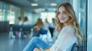 AI generated A beautiful young girl sits in line near the doctor's office and looks into the camera, smiling photo