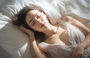 AI generated a beautiful lady is laying on a white bed making a snooze noise photo