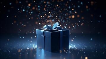 AI generated 3d Open dark blue box with bow. A bright light with confetti sparkles and glowing dots shines from it photo