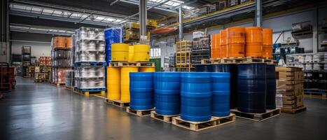 AI generated a big warehouse is full of blue barrels photo