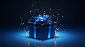AI generated 3d Open dark blue box with bow. A bright light with confetti sparkles and glowing dots shines from it photo