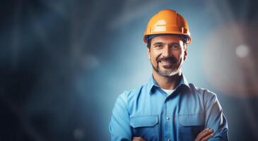 ai generado un construcción trabajador sonriente y posando para un foto