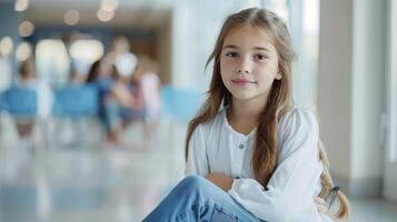 AI generated A beautiful young girl sits in line near the doctor's office and looks into the camera, smiling photo