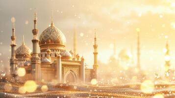 AI generated A beautiful light holiday background with a beautiful mosque on the left and plenty of space for text photo