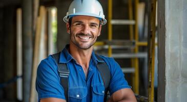 AI generated a smiling construction employee holding a hard hat and smiling photo