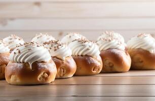 AI generated a bunch of easter buns with frosting on a wooden table, white and beige photo