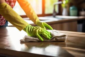 AI generated Woman Wearing Rubber Gloves Dusts Wooden Table in Kitchen photo