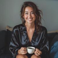 AI generated A young beautiful woman in a black silk robe sits on a dark blue sofa. She has a cup of coffee in her hands photo