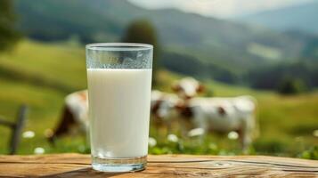 ai generado un vaso de Leche soportes en un de madera mesa. detrás es un borroso antecedentes de un alpino prado en cuales vacas pacer foto