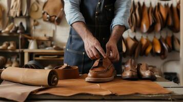 ai generado un zapatero personaliza varios roles utilizando natural marrón cuero y trabajos con textiles en el taller foto