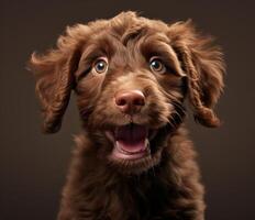 AI generated a brown retriever puppy stands with his mouth open photo