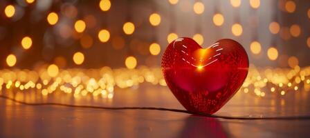 AI generated a red heart shaped lamp is placed in front of strands of string lights in the background photo