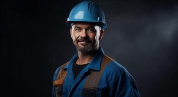 ai generado un construcción trabajador sonriente y posando para un foto