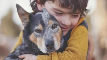 AI generated A child affectionately hugs his blue heeler pet dog. With large copyspace area photo