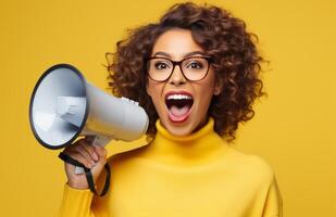 AI generated a woman holding a megaphone on yellow background photo