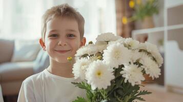 ai generado un 10 años chico sostiene en su manos un ramo de flores de crisantemos ese él trajo para su madre foto