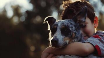 ai generado un niño afectuosamente abrazos su azul tacón mascota perro. con grande copyspace zona foto