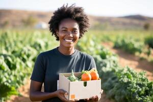 AI generated a black woman is holding a box of veggies on the farm photo