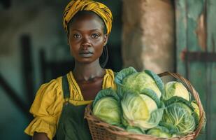 AI generated a black woman holding a basket full of cabbage photo