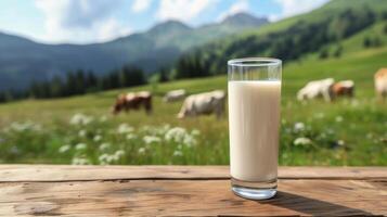 ai generado un vaso de Leche soportes en un de madera mesa. detrás es un borroso antecedentes de un alpino prado en cuales vacas pacer foto