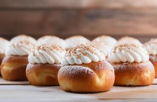 AI generated a bunch of easter buns with frosting on a wooden table, white and beige photo