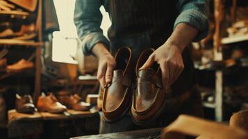 AI generated A cobbler customizes various roles using natural brown leather and works with textiles in the workshop photo