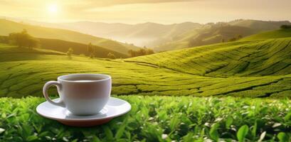 ai generado un taza de té en parte superior de un verde campo foto