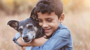 ai generado un niño afectuosamente abrazos su azul tacón mascota perro. con grande copyspace zona foto