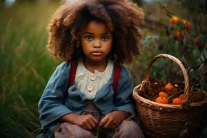 ai generado un pequeño niña sentado en césped con cesta foto