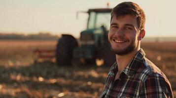 AI generated A handsome farmer in a plaid shirt, smiling and looking at the camera photo