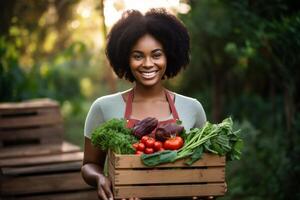 AI generated a black african woman holding a box of vegetables photo