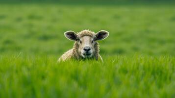 ai generado oveja pasto en lozano olímpico prado. de cerca retrato foto