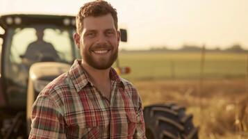 AI generated A handsome farmer in a plaid shirt, smiling and looking at the camera photo