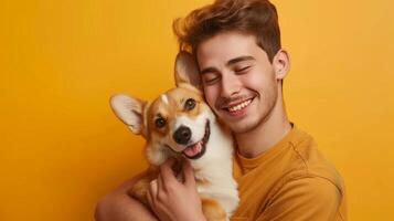 AI generated A joyful European man is holding and comforting an adorable corgi dog photo