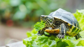 AI generated A land turtle eats a lettuce leaf, large copyspace area, offcenter composition photo