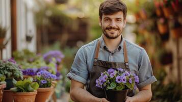 AI generated A handsome young gardener is holding a pot of violets in his hands photo