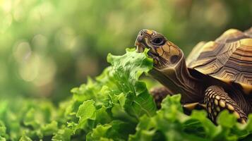 AI generated A land turtle eats a lettuce leaf, large copyspace area, offcenter composition photo