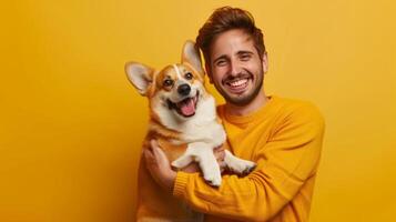 AI generated A joyful European man is holding and comforting an adorable corgi dog photo