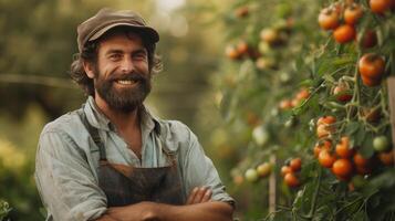 AI generated A handsome gardener stands smiling and looking at the camera near a bush with tomatoes photo