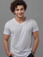 ai generado calle estilo blanco camiseta Bosquejo presentando joven hombre modelo en gris antecedentes ideal modelo para impresión diseño en casual vestir foto