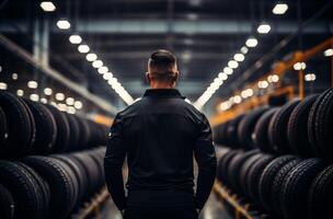 AI generated a male employee stands next to a high tread tires in an automotive factory photo