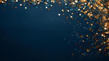 AI generated Beautiful abstract blue minimalistic background with golden small confetti and lots of space for texts in the center photo