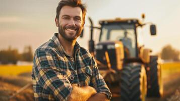 AI generated A handsome farmer in a plaid shirt, smiling and looking at the camera photo