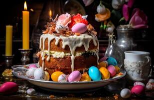 AI generated an easter cake on a ledge with eggs photo