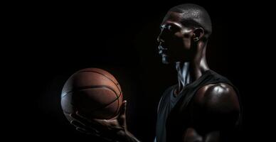 AI generated basketball player holding a ball on black background photo